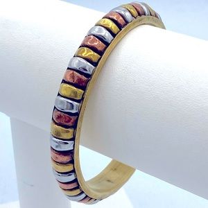 Vintage Tri Colored Brass Copper And Silver Bangle Bracelet   7 1/4”